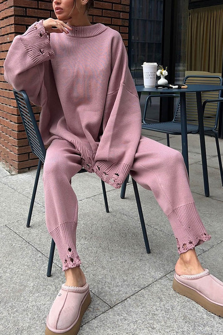Raw Edge Crew Neck Sweater Set
