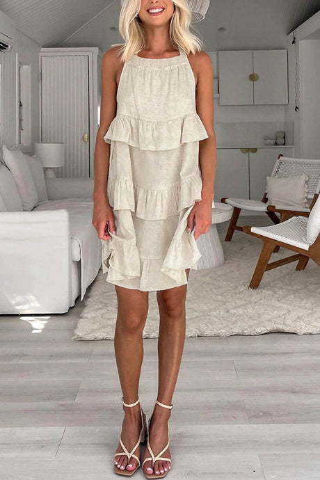 Halter Neck Tiered Cotton Linen Mini Dress