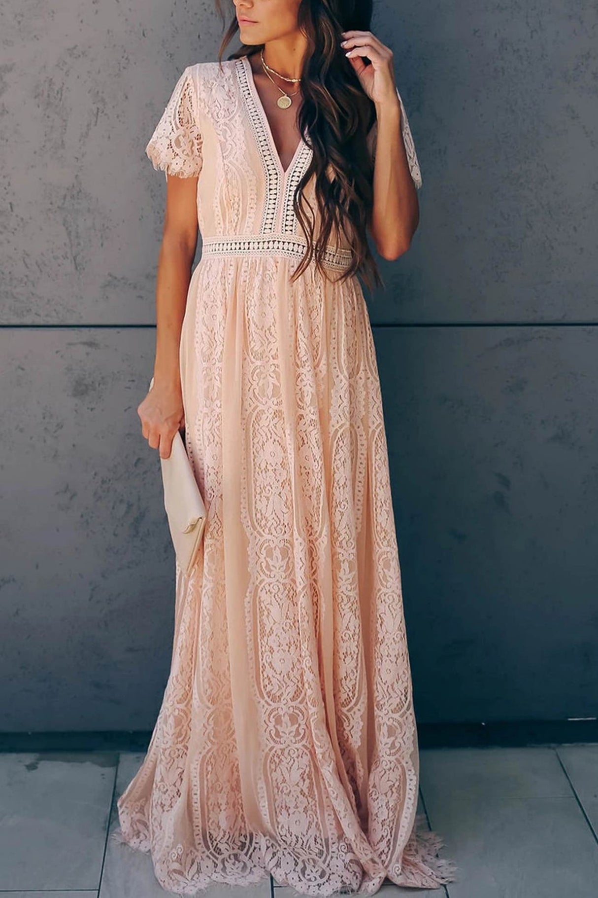 V Neck Lace Embroidery Maxi Dress