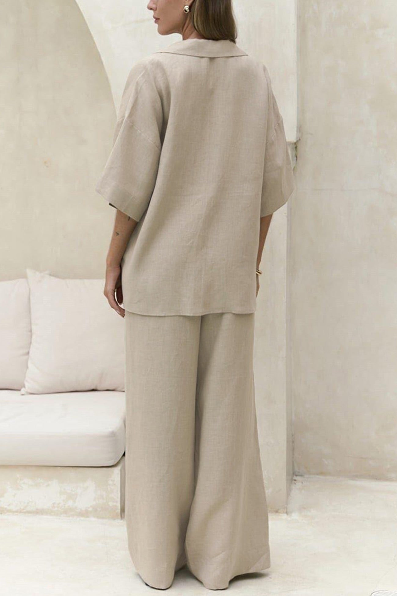 Arolora Solid Color Cotton Half Sleeve Blouse Pants Set