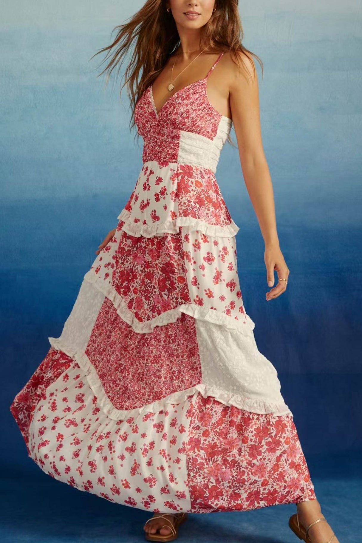 Arolora Floral Print Lace Patchwork Cami Dress