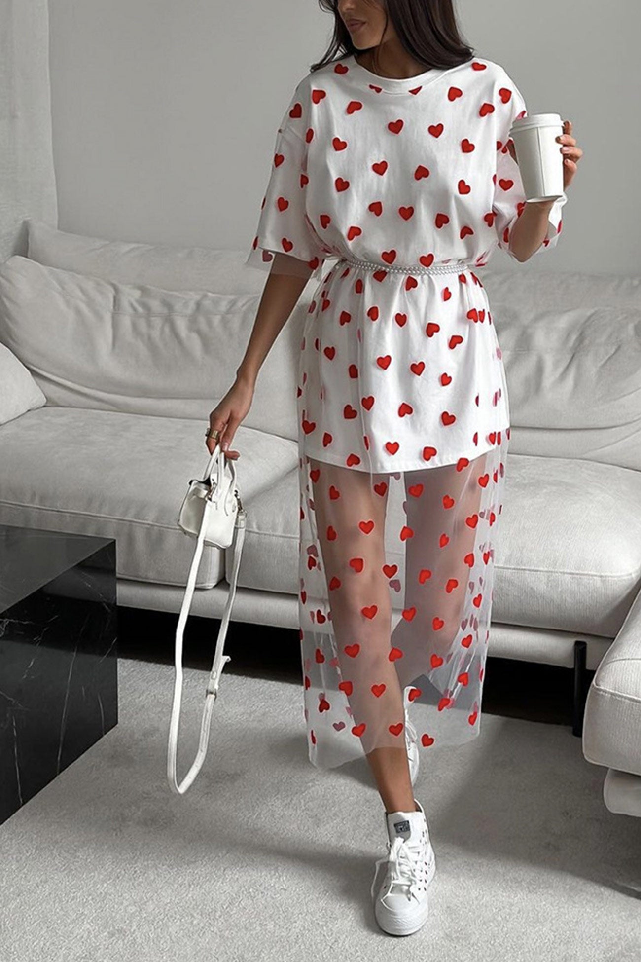 Arolora Heart Print Mesh Patchwork T-shirt Dress