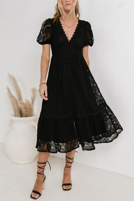 Arolora Lace Single-breasted Midi Dress