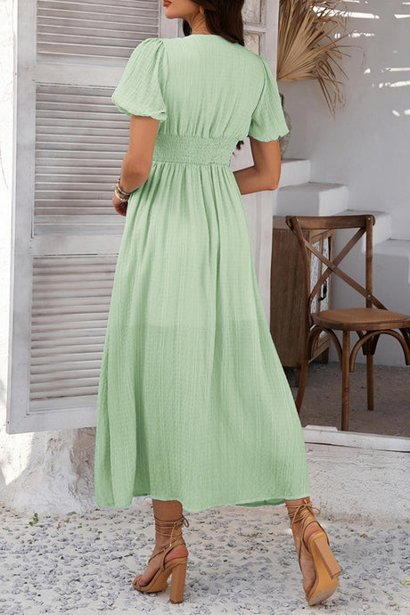Arolora Puff Sleeve Single Breasted Slit Dress