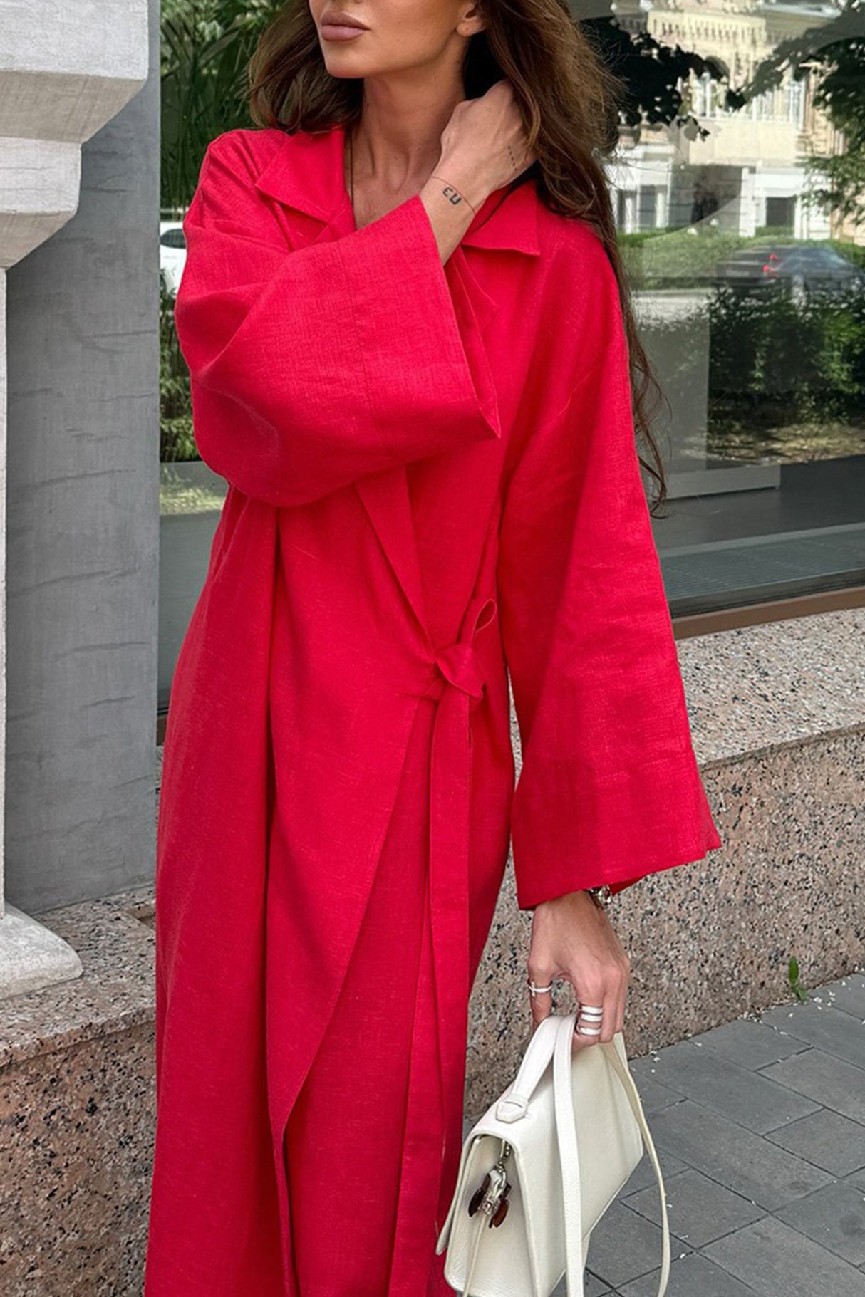 Lapel Tie-up Cotton Linen Dress