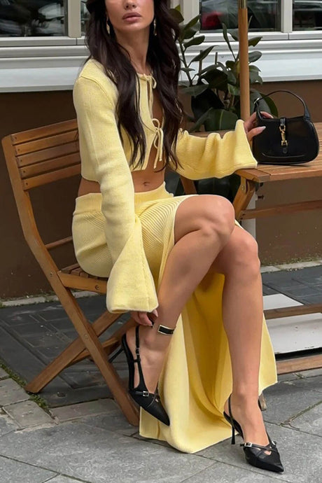 Tie-up Flare Sleeve Cardigan Knitted Skirt Set