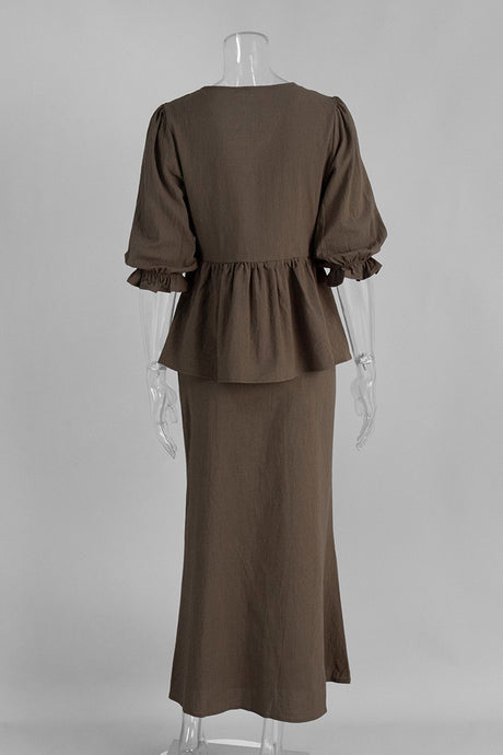 Puff Sleeve Tie-up Ruffle Cotton Shirt Skirt Set