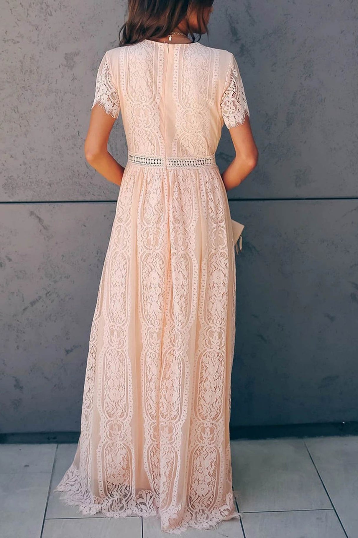 V Neck Lace Embroidery Maxi Dress