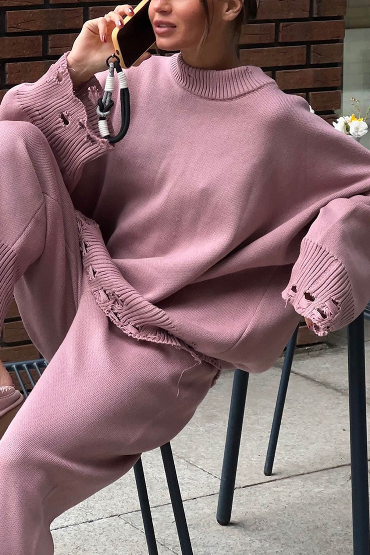Raw Edge Crew Neck Sweater Set