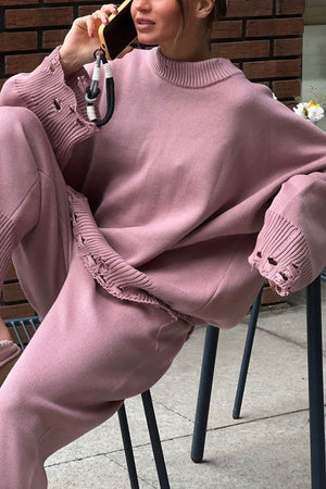Raw Edge Crew Neck Sweater Set
