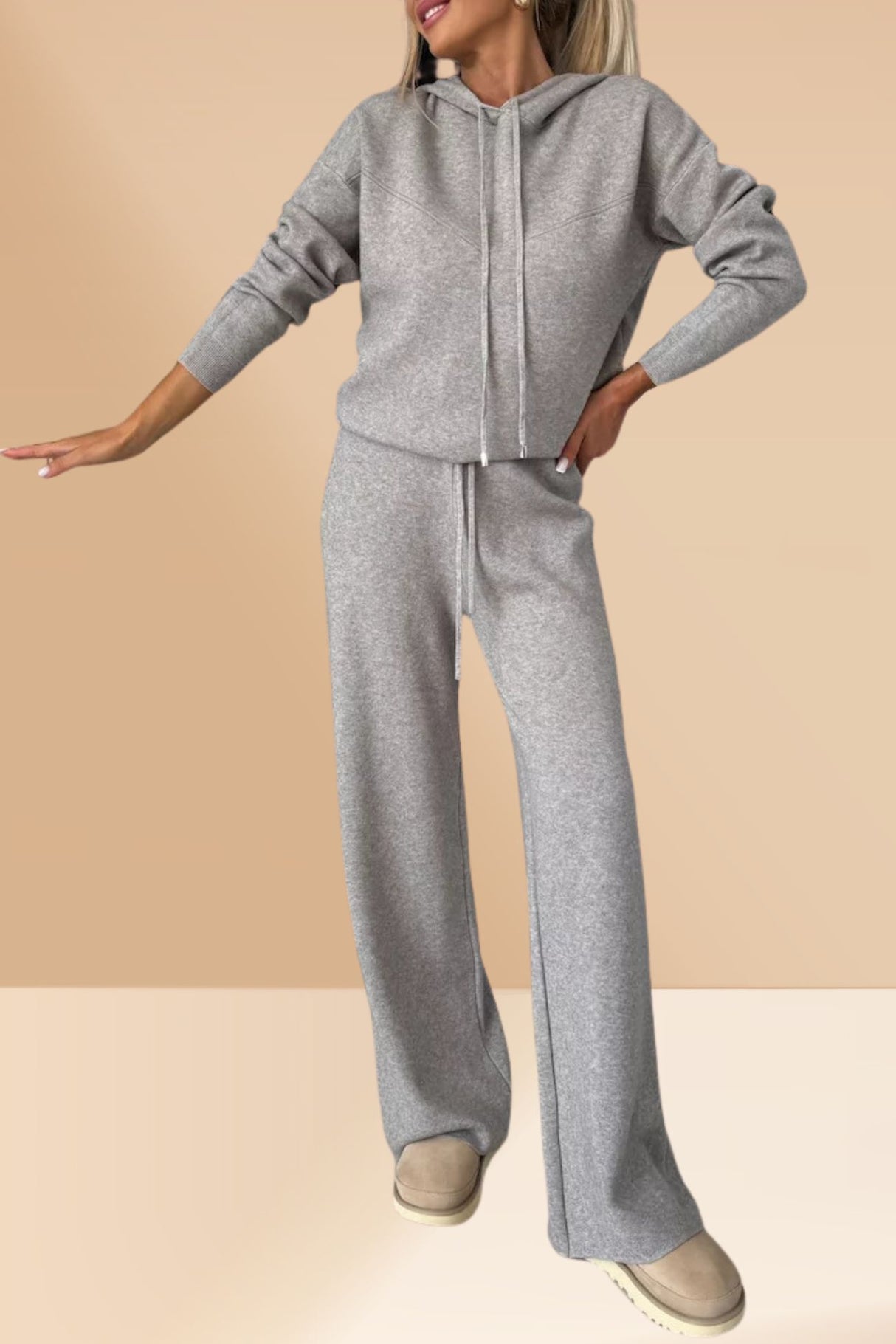 Solid Color Hooded Sweatshirt Wide-leg Outfit Set