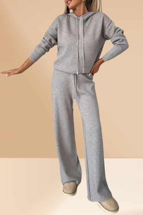 Solid Color Hooded Sweatshirt Wide-leg Outfit Set
