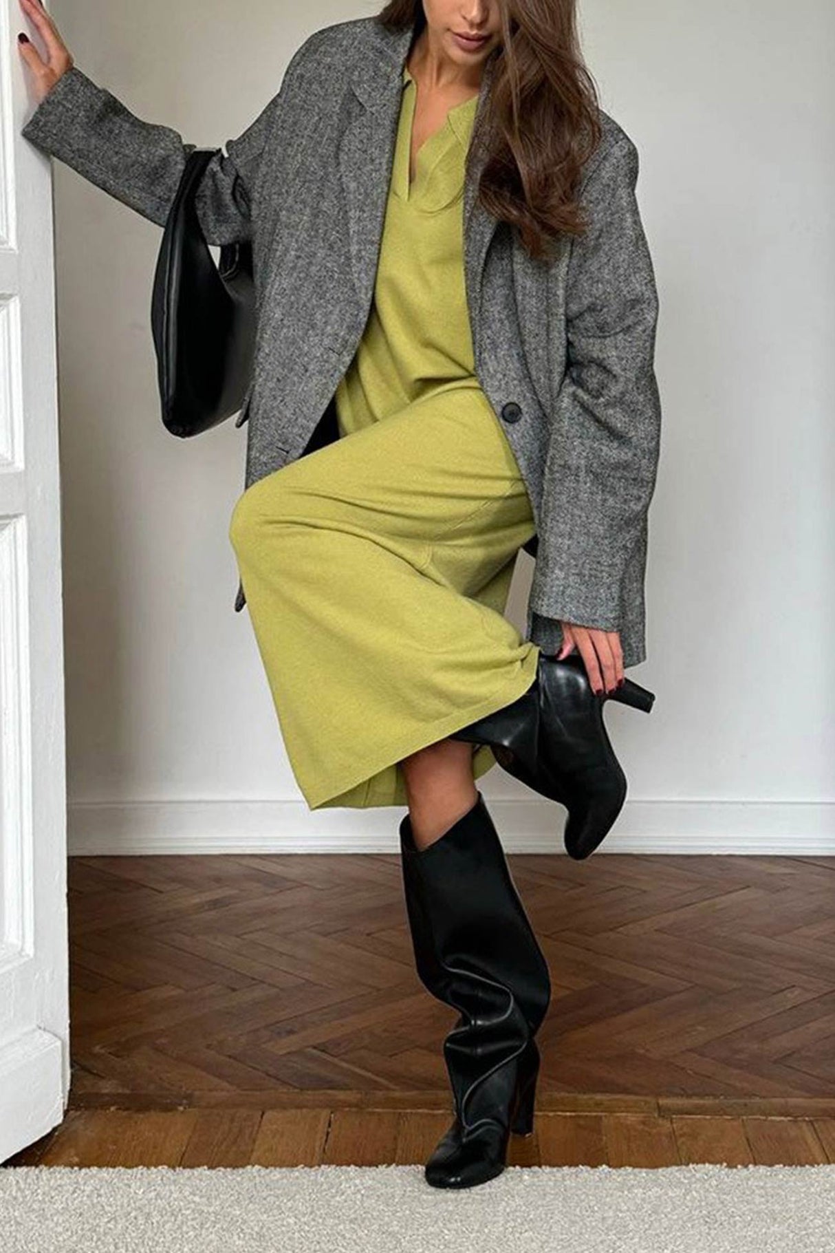 Lapel Long Sleeve Loose Knit Dress