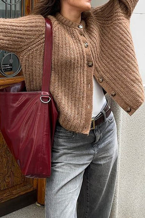 Solid Color Lantern Sleeve Short Cardigan
