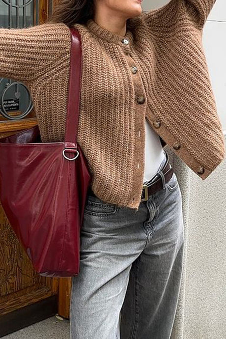 Solid Color Lantern Sleeve Short Cardigan