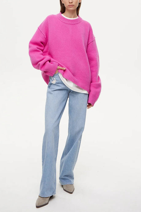 Round Neck Solid Color Pullover Sweater