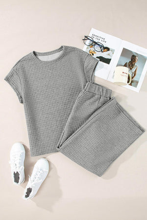 Solid Color Lattice Texture T-shirt Pants Set