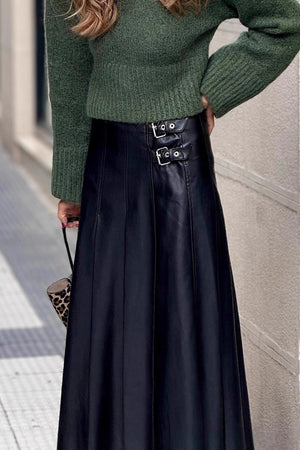 A-Line Double Buckel PU Leather Midi Skirt