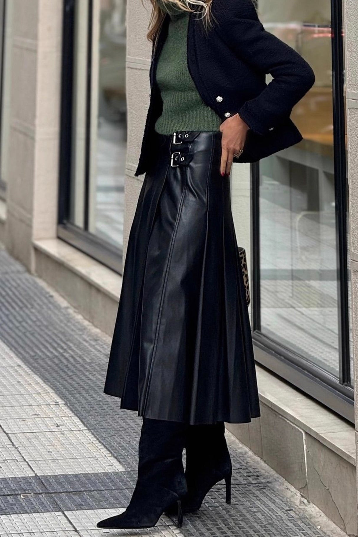 A-Line Double Buckel PU Leather Midi Skirt