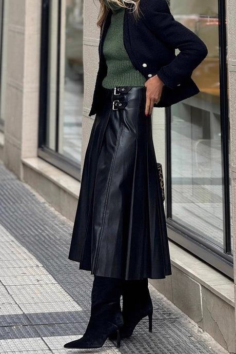 A-Line Double Buckel PU Leather Midi Skirt