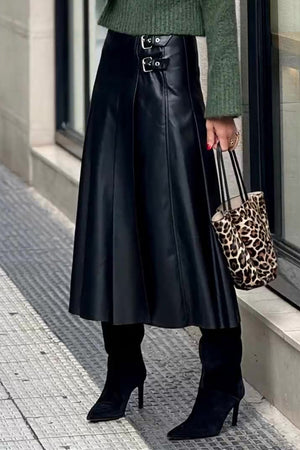 A-Line Double Buckel PU Leather Midi Skirt