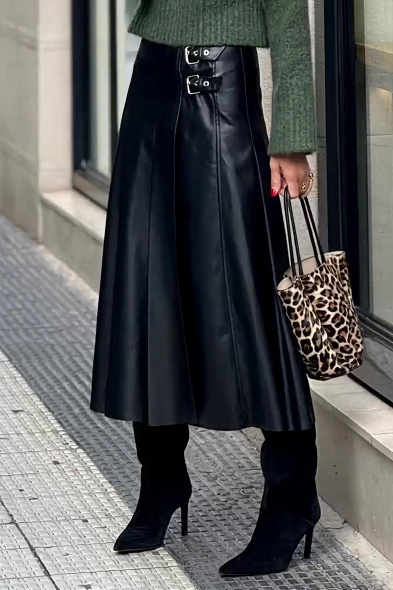 A-Line Double Buckel PU Leather Midi Skirt