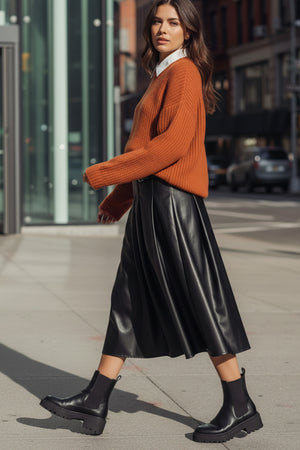 A-Line Double Buckel PU Leather Midi Skirt
