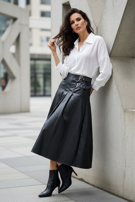 A-Line Double Buckel PU Leather Midi Skirt