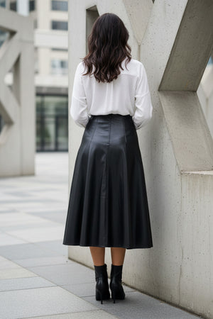 A-Line Double Buckel PU Leather Midi Skirt