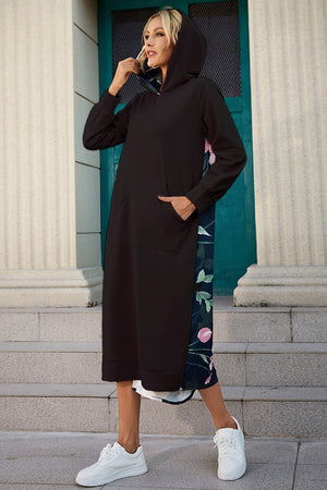 Arolora Back Floral Print Patchwork Cotton Long Hoodie