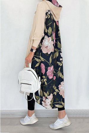 Arolora Back Floral Print Patchwork Cotton Long Hoodie