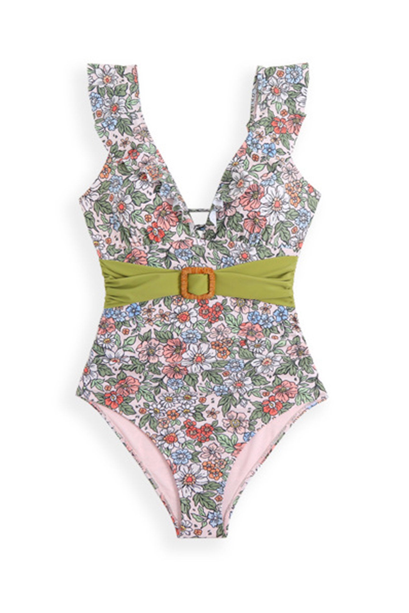 Arolora Back-Tie Ruffled Belted One-Piece Swimsuit
