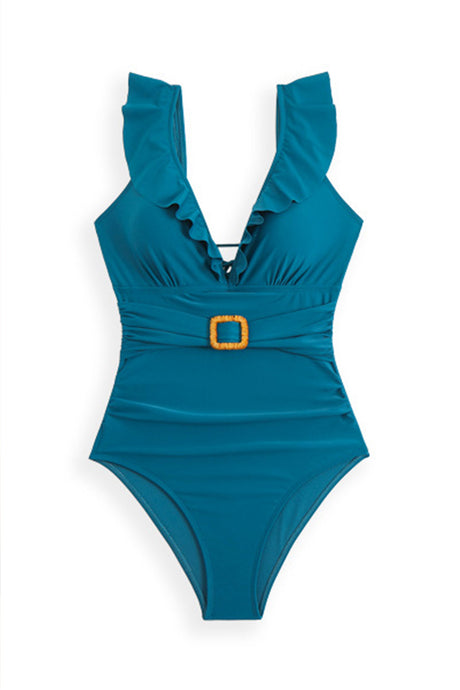 Arolora Back-Tie Ruffled Belted One-Piece Swimsuit
