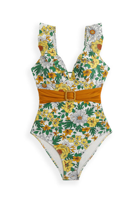 Arolora Back-Tie Ruffled Belted One-Piece Swimsuit