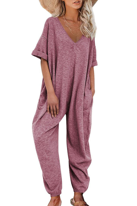 Arolora cotton-solid-v-neck-loose-jumpsuits