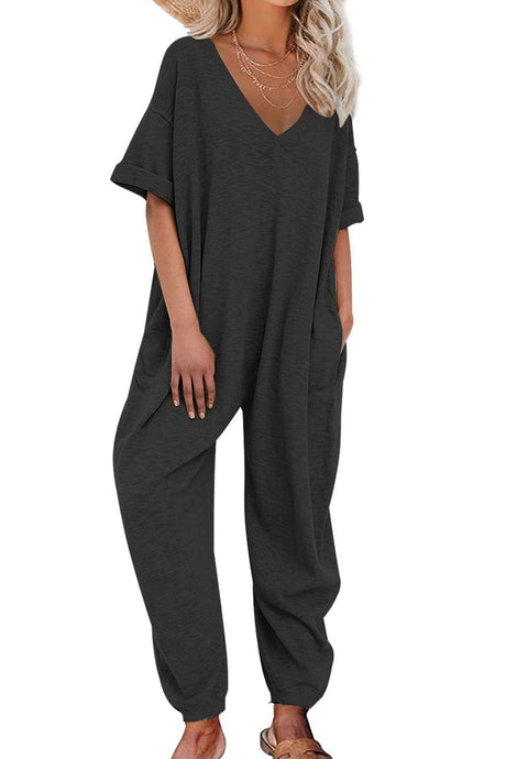 Arolora cotton-solid-v-neck-loose-jumpsuits