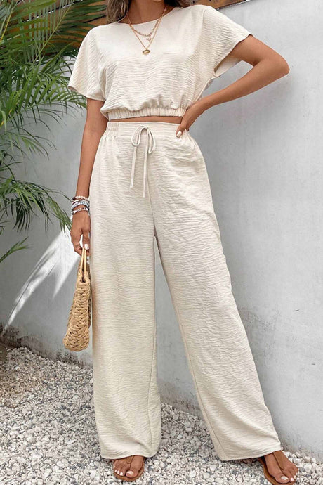 Arolora batwing-sleeve-drawstring-straight-long-pants-set