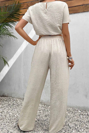 Arolora batwing-sleeve-drawstring-straight-long-pants-set