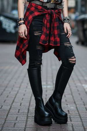 Black Kneel High Wedge Platform Boots