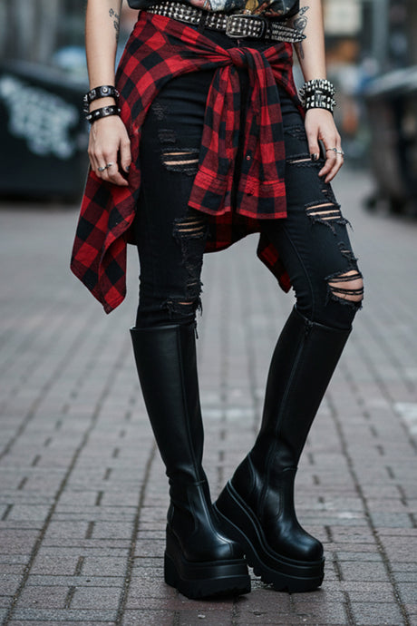 Black Kneel High Wedge Platform Boots