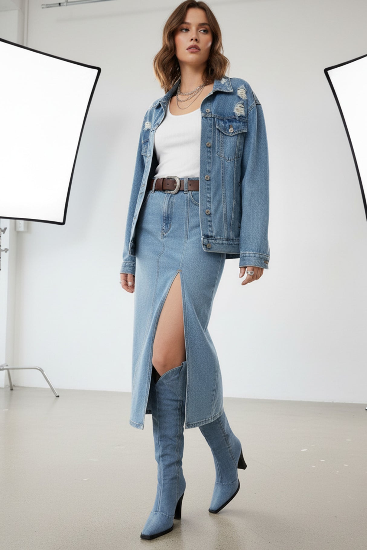 Blue Pointed-Toe Knee-High Denim Boots
