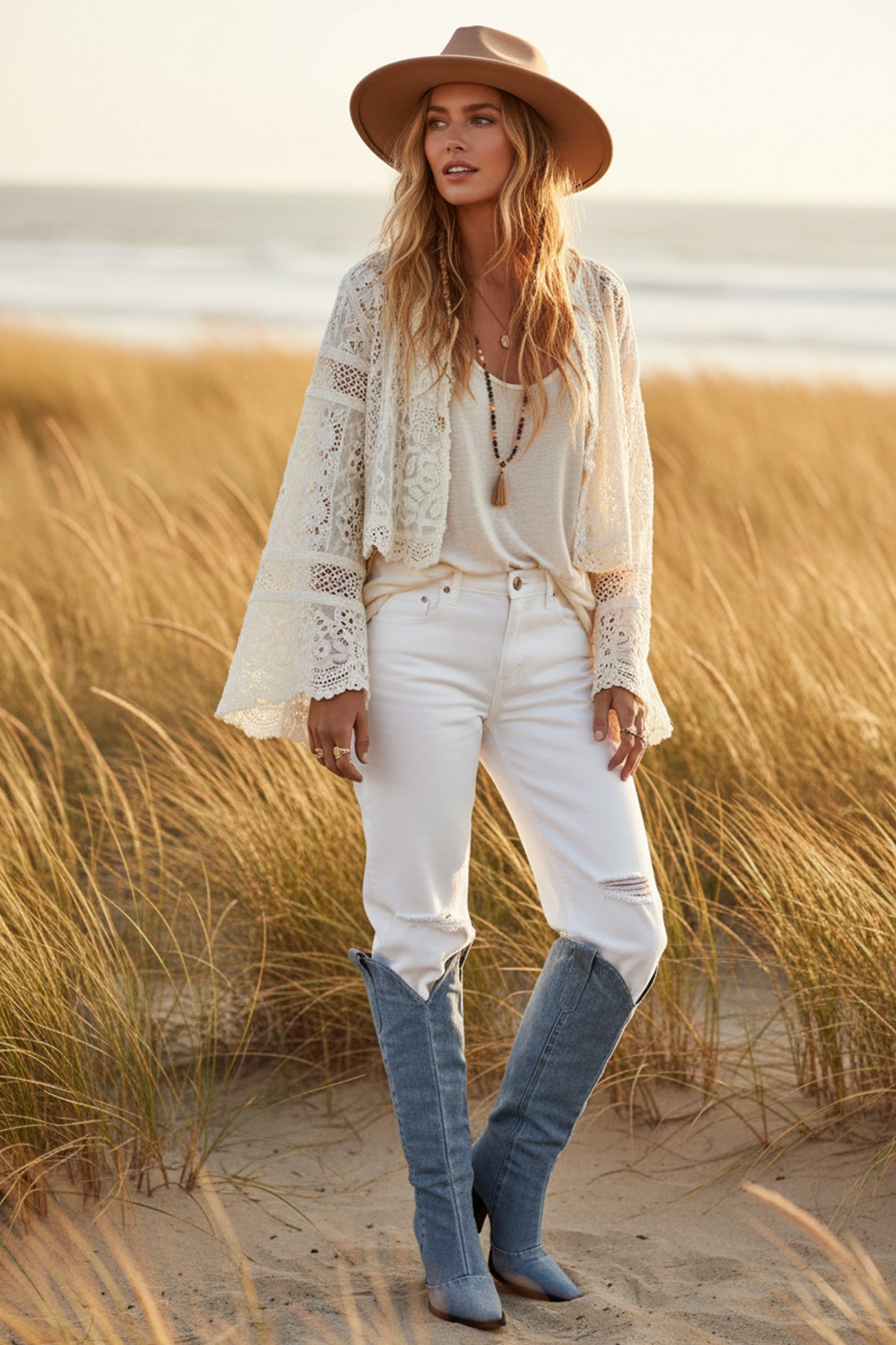 Blue Pointed-Toe Knee-High Denim Boots