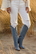 Blue Pointed-Toe Knee-High Denim Boots