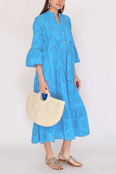 V Neck Flares Sleeve Embroidery Cotton Dress