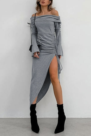 Arolora boat-neck-drawstring-slit-dress