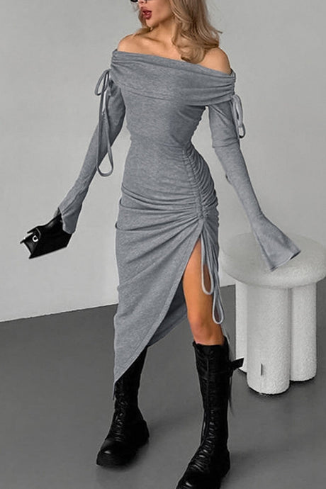 Arolora boat-neck-drawstring-slit-dress
