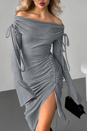Arolora boat-neck-drawstring-slit-dress