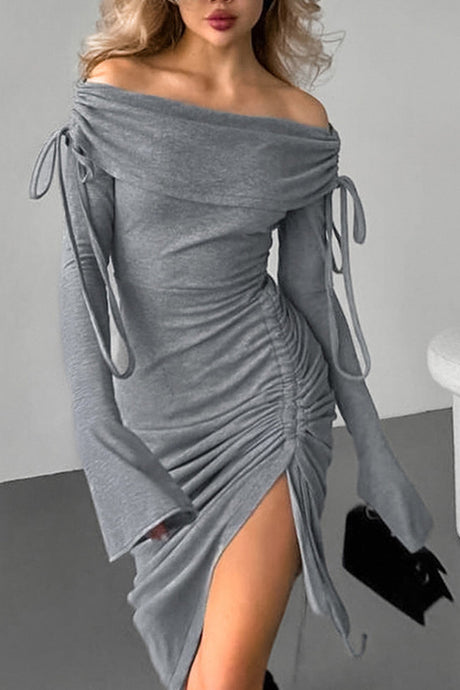 Arolora boat-neck-drawstring-slit-dress