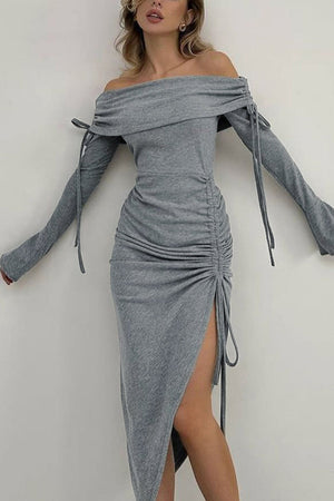 Arolora boat-neck-drawstring-slit-dress