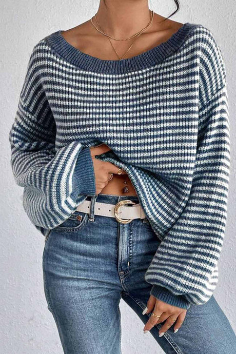 Arolora boat-neck-drop-shoulder-striped-sweater